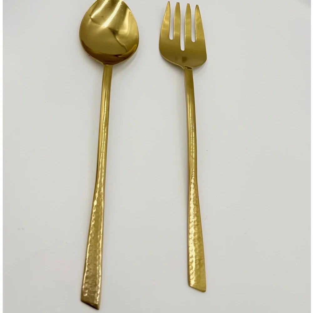 Gold Hammered Serving Spoon and Fork Set 13 Inch Large Polished Flatware‎ 2pc